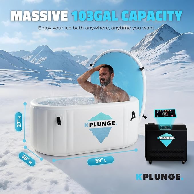 Kodiak 59" 1-Person Inflatable Cold Plunge Ice Bath or Hot Tub with 3/4 HP Chiller and Heater, PVC Insulated Lid, Hand Pump, Repair Kit, 110-Gallon Capacity, Indoor/Outdoor Tub ā Gray