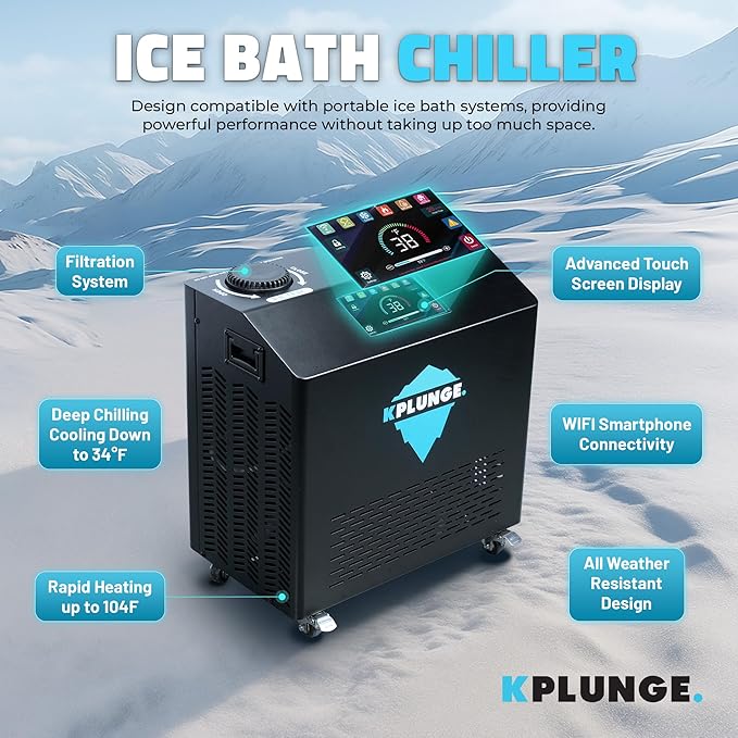 Kodiak 59" 1-Person Inflatable Cold Plunge Ice Bath or Hot Tub with 3/4 HP Chiller and Heater, PVC Insulated Lid, Hand Pump, Repair Kit, 110-Gallon Capacity, Indoor/Outdoor Tub ā Gray