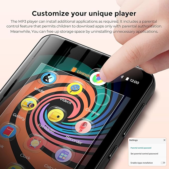 160GB MP3 Player with Bluetooth and WiFi, innioasis Music Player with Spotify,Pandora,Amazon Music,4" Touch Screen Android MP4 MP3 Player for Kids with Libby,Audible,Spotify Kids(Black)