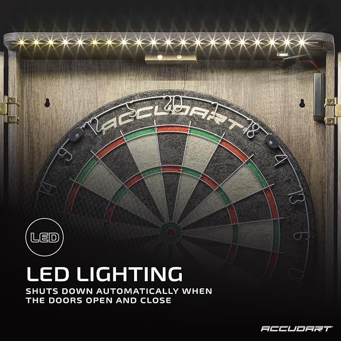 Accudart Match Pro Dartboard Cabinet Set - Official Size - Self Healing Sisal - Modern Style Woodgrain - Two Built-in Dartholders - LED Lighting - Includes Scoreboard, Chalk, Eraser, and Six Darts