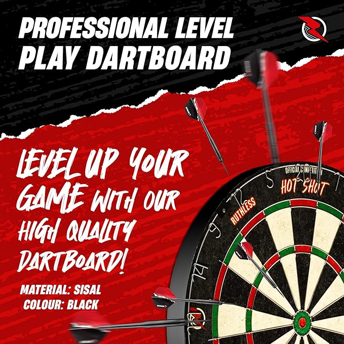 Ruthless Hot Shot Dart Board | Endurance Round Wire Sisal Dartboard Set Including 2 sets of Steel Tip Darts