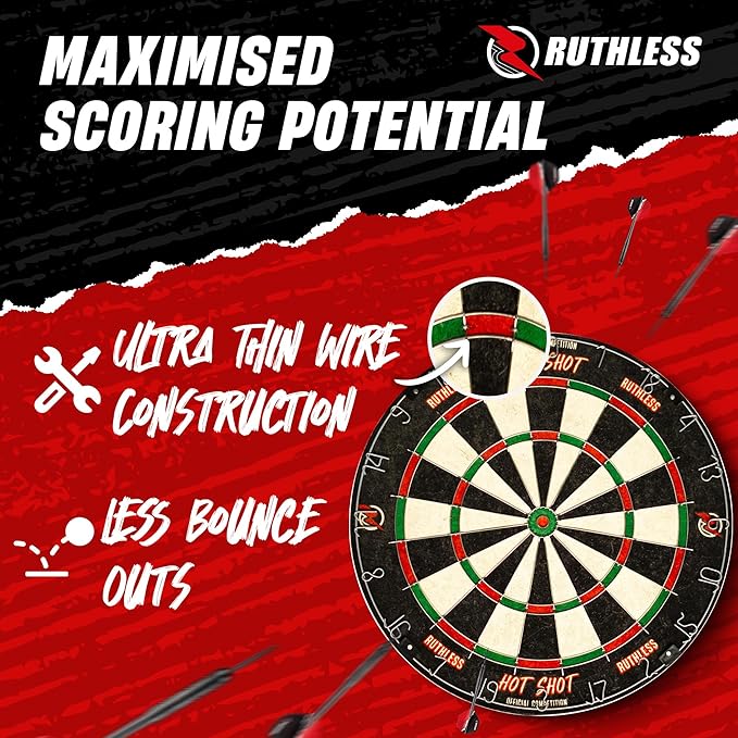 Ruthless Hot Shot Dart Board | Endurance Round Wire Sisal Dartboard Set Including 2 sets of Steel Tip Darts