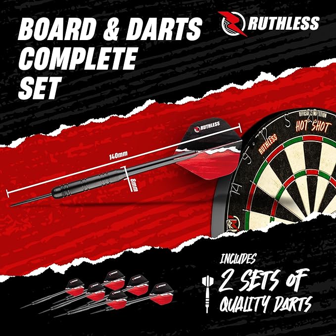 Ruthless Hot Shot Dart Board | Endurance Round Wire Sisal Dartboard Set Including 2 sets of Steel Tip Darts