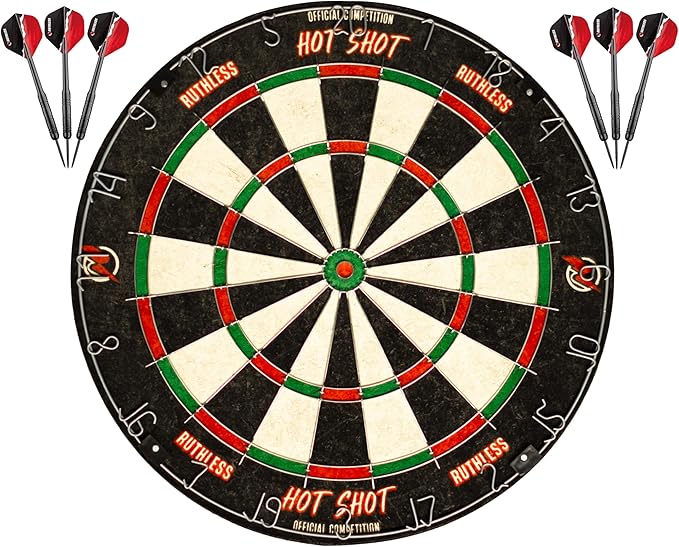 Ruthless Hot Shot Dart Board | Endurance Round Wire Sisal Dartboard Set Including 2 sets of Steel Tip Darts