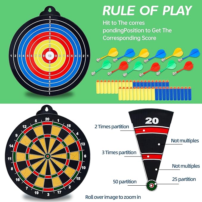 Magnetic Dart Board - 12Magnetic Darts+12Sticky Balls Or 2 Toy Gun+40 Foam Dart,Fun for Family Game and Party with Friends, Christmas Birthday Gifts Toys for 3-12 Year Old Boys
