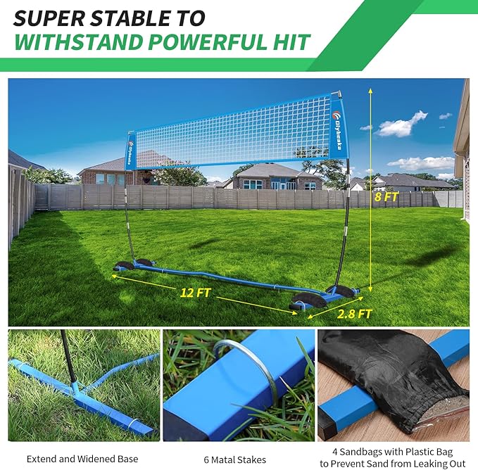 12ft/14ft Portable Volleyball Training Practice Net Set 5 Heights Adjustable for Indoor Outdoor with Tetoron Net, Freestanding Base, PU Volleyball, Carry Bag, Sandbags - Instant Set Up