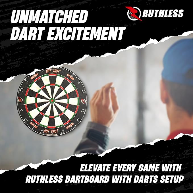Ruthless Hot Shot Dart Board | Endurance Round Wire Sisal Dartboard Set Including 2 sets of Steel Tip Darts