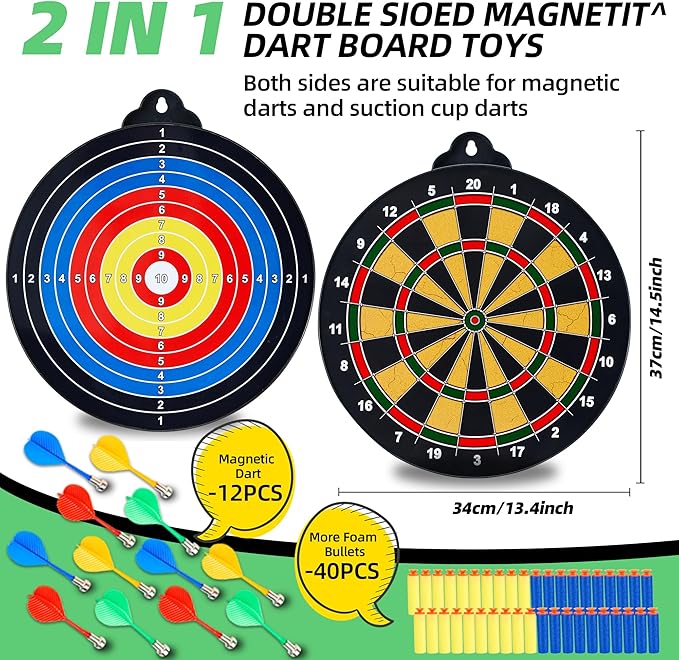 Magnetic Dart Board - 12Magnetic Darts+12Sticky Balls Or 2 Toy Gun+40 Foam Dart,Fun for Family Game and Party with Friends, Christmas Birthday Gifts Toys for 3-12 Year Old Boys