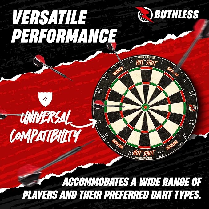 Ruthless Hot Shot Dart Board | Endurance Round Wire Sisal Dartboard Set Including 2 sets of Steel Tip Darts