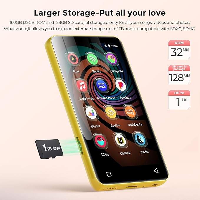 160GB MP3 Player with Bluetooth and WiFi, innioasis Music Player with Spotify,Pandora,Amazon Music,4" Touch Screen Android MP4 MP3 Player for Kids with Libby,Audible(Black_Gold)